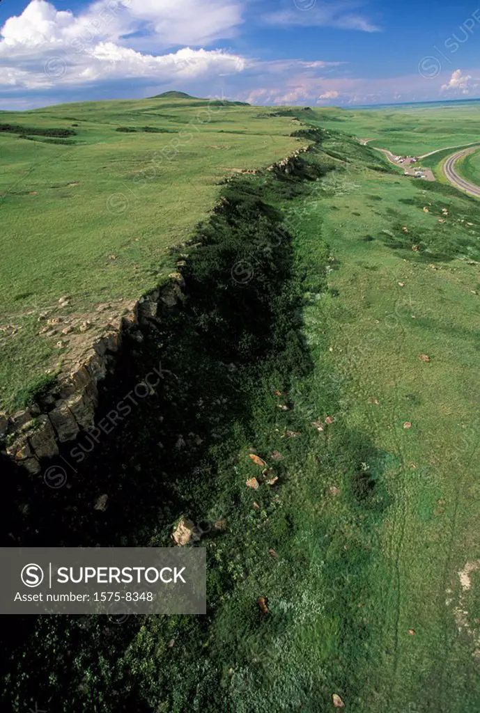 Aerial view of Head Smashed In, Alberta