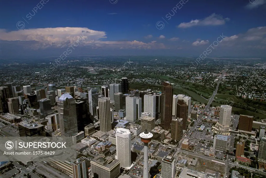 Aerial of Calgary, Alberta. Calgary Tower in Foreground