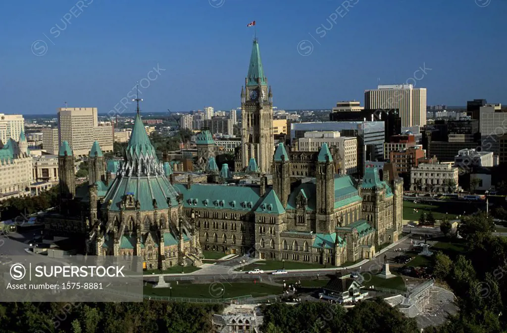 Aerial of Canadian Parliament Building, Ottawa, Ontario, Canada