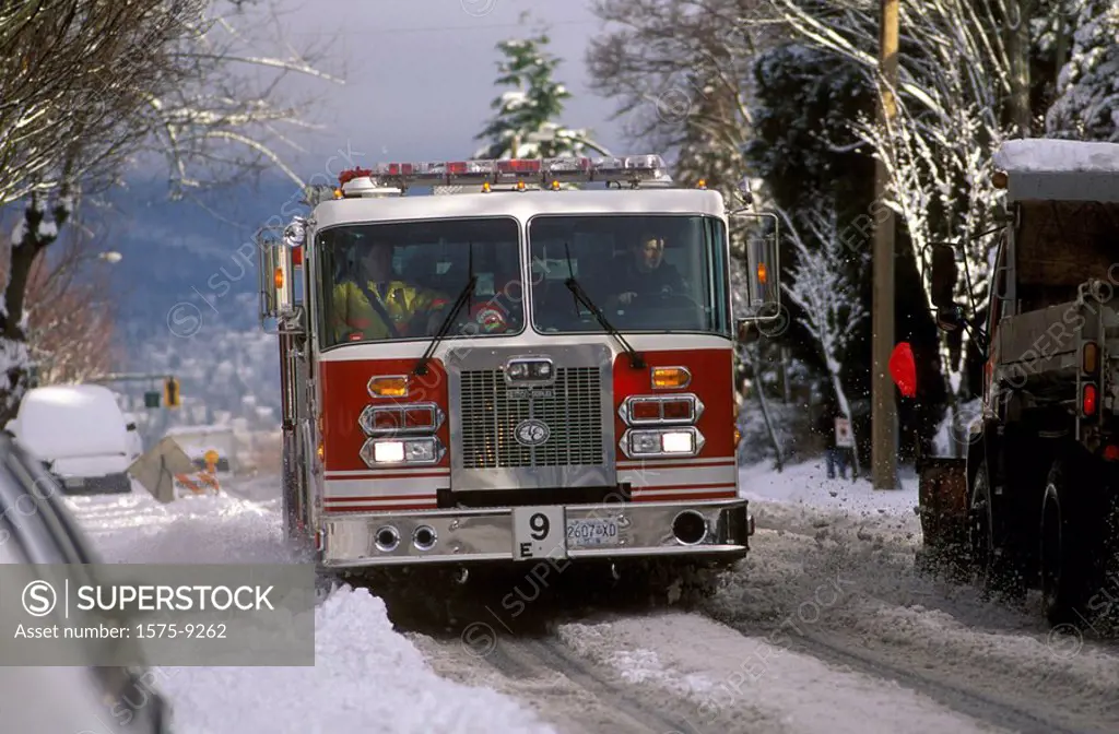 Fire engine in winter, Vancouver, British Columbia, Canada