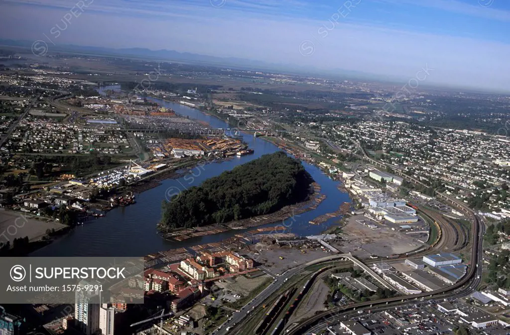 Aerial of New Westminster, looking NW along North Arm, Fraser River, British Columbia, Canada