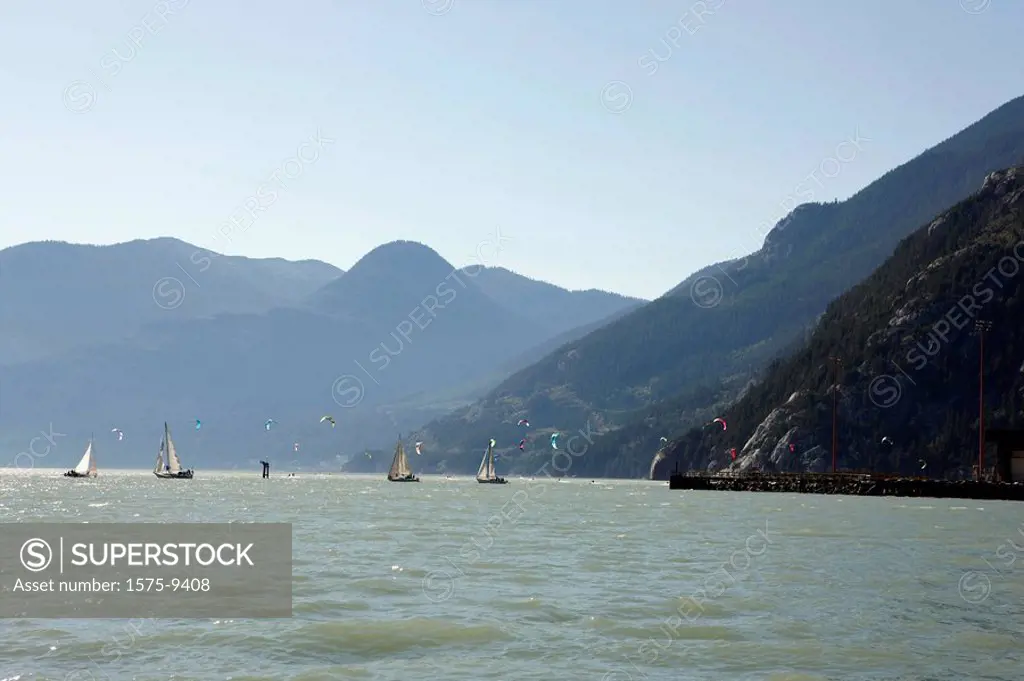 Sailboats and kite surfers, Howe Sound, Squamish, British Columbia, Canada