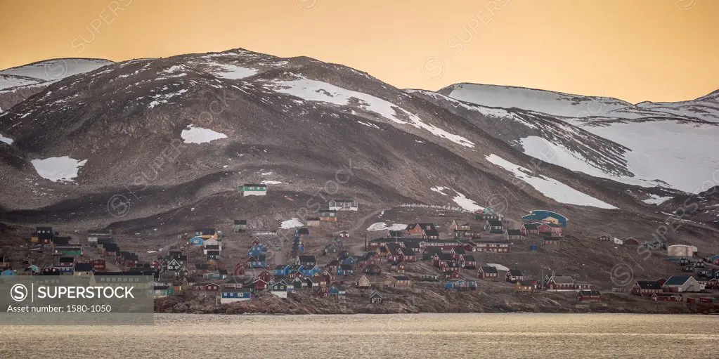 Houses at mountainside, Ittoqqortoormiit, Scoresbysund, Greenland