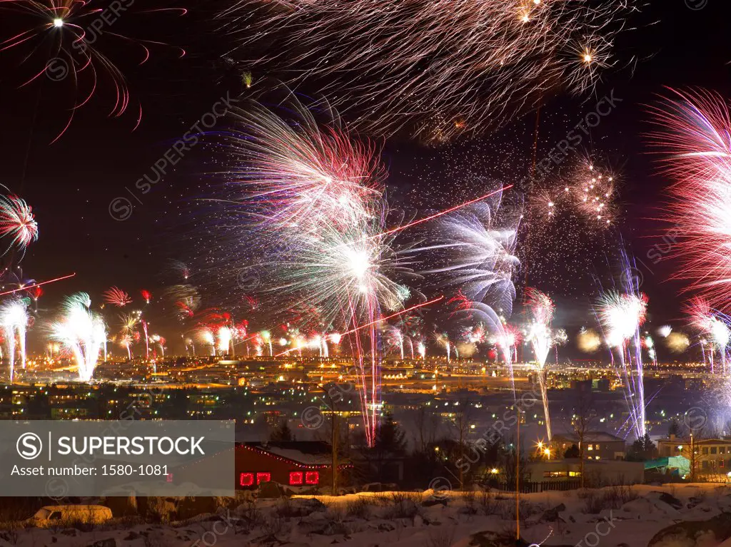Fireworks display at new year's eve, Reykjavik, Iceland
