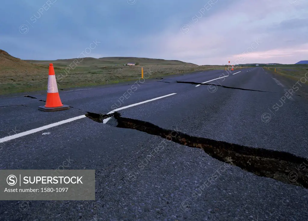Earthquake cracks in road, Iceland