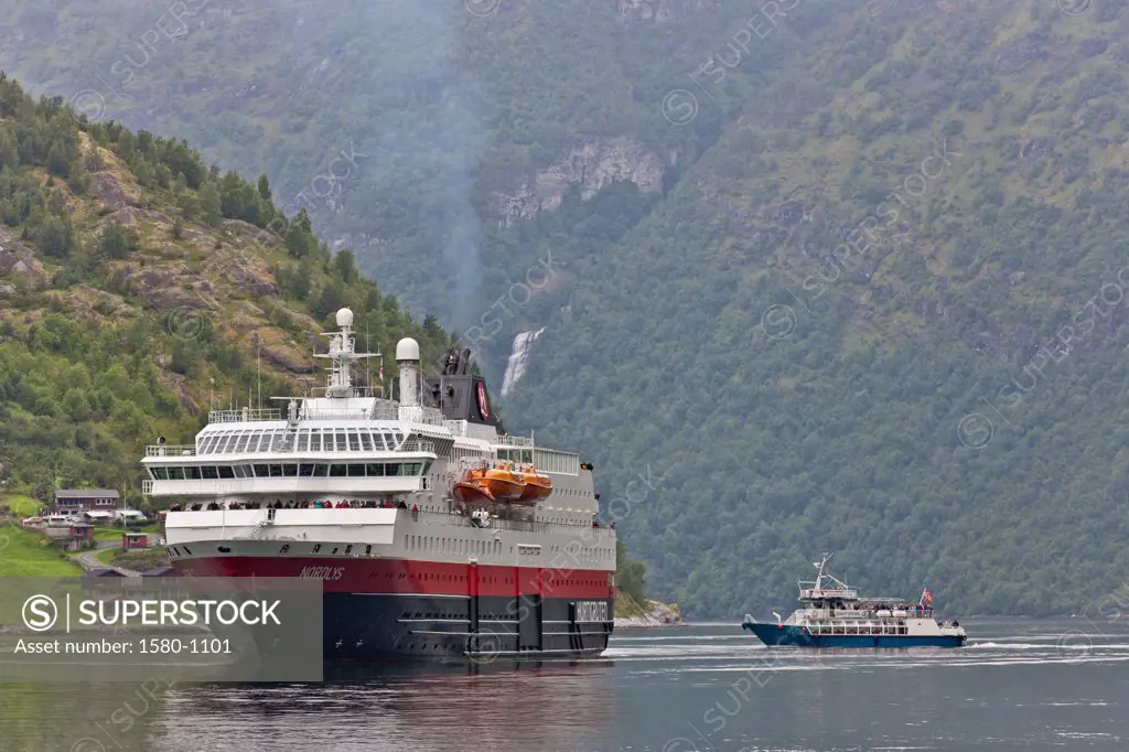 Cruise ship in the fjord, Geirangerfjord, Norway