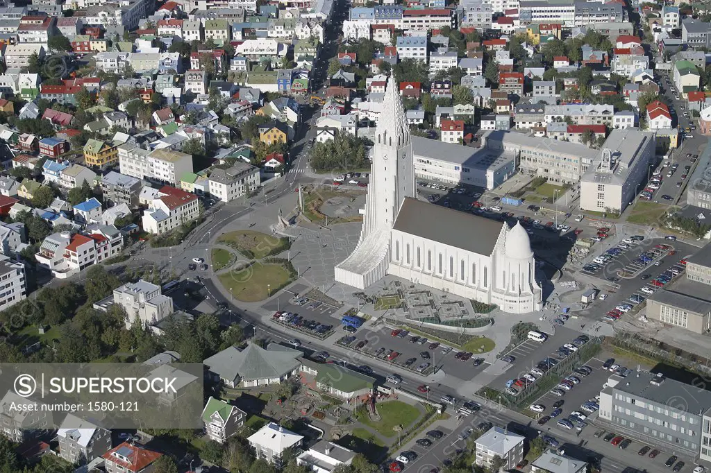 Aerial view of a city, Hallgrimskirkja, Reykjavik, Iceland