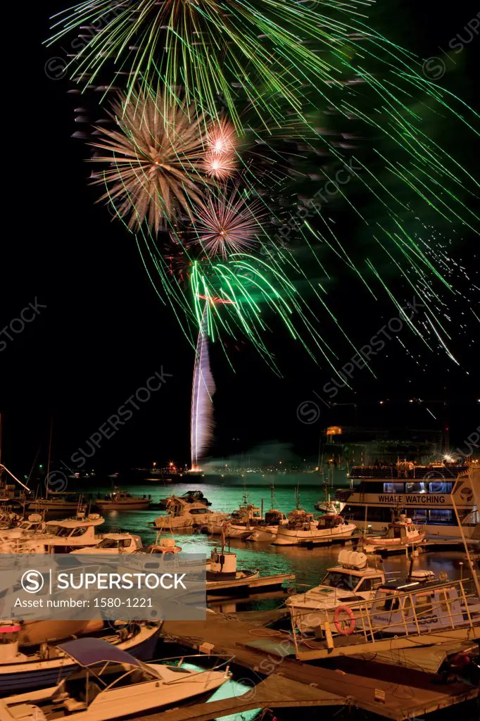 Fireworks display over the harbor during Cultural Night Festival, Reykjavik, Iceland