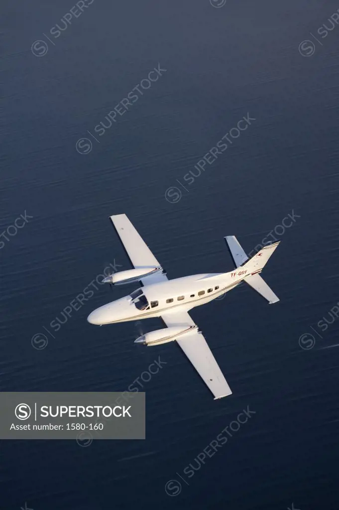 High angle view of a private airplane in flight, Cessna