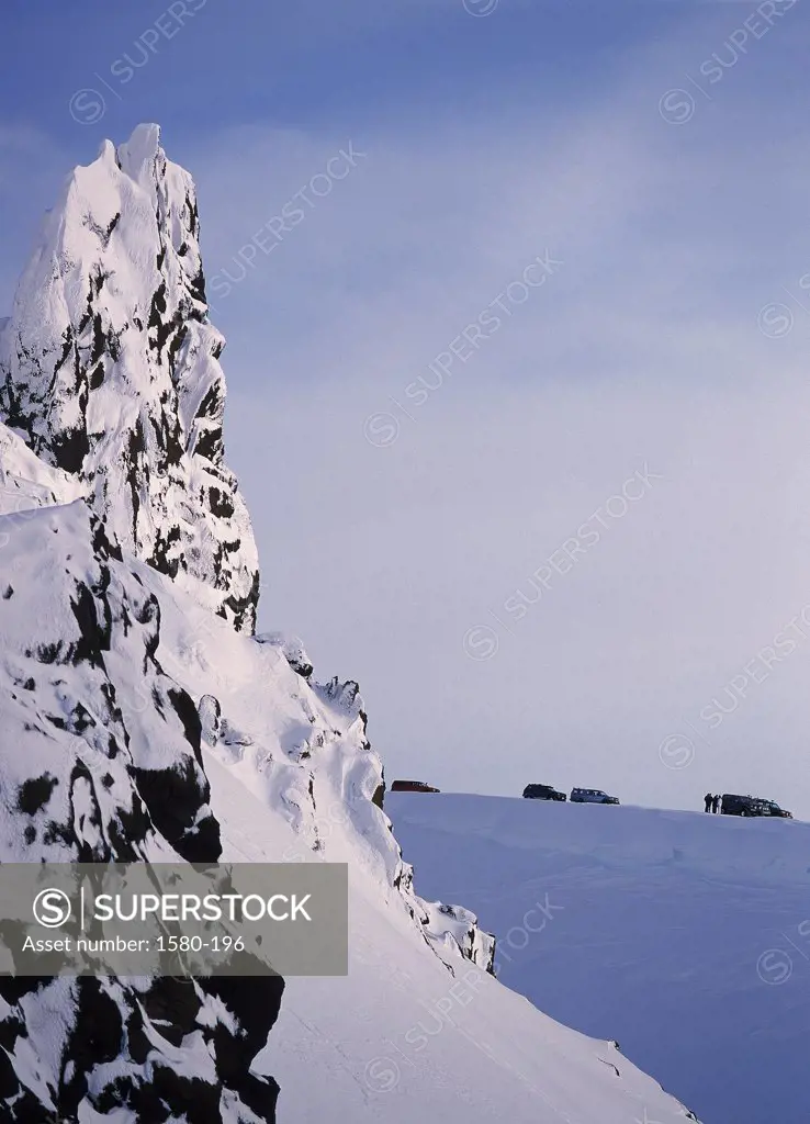 Low angle view of a snow covered cliff, Langjokull, Iceland
