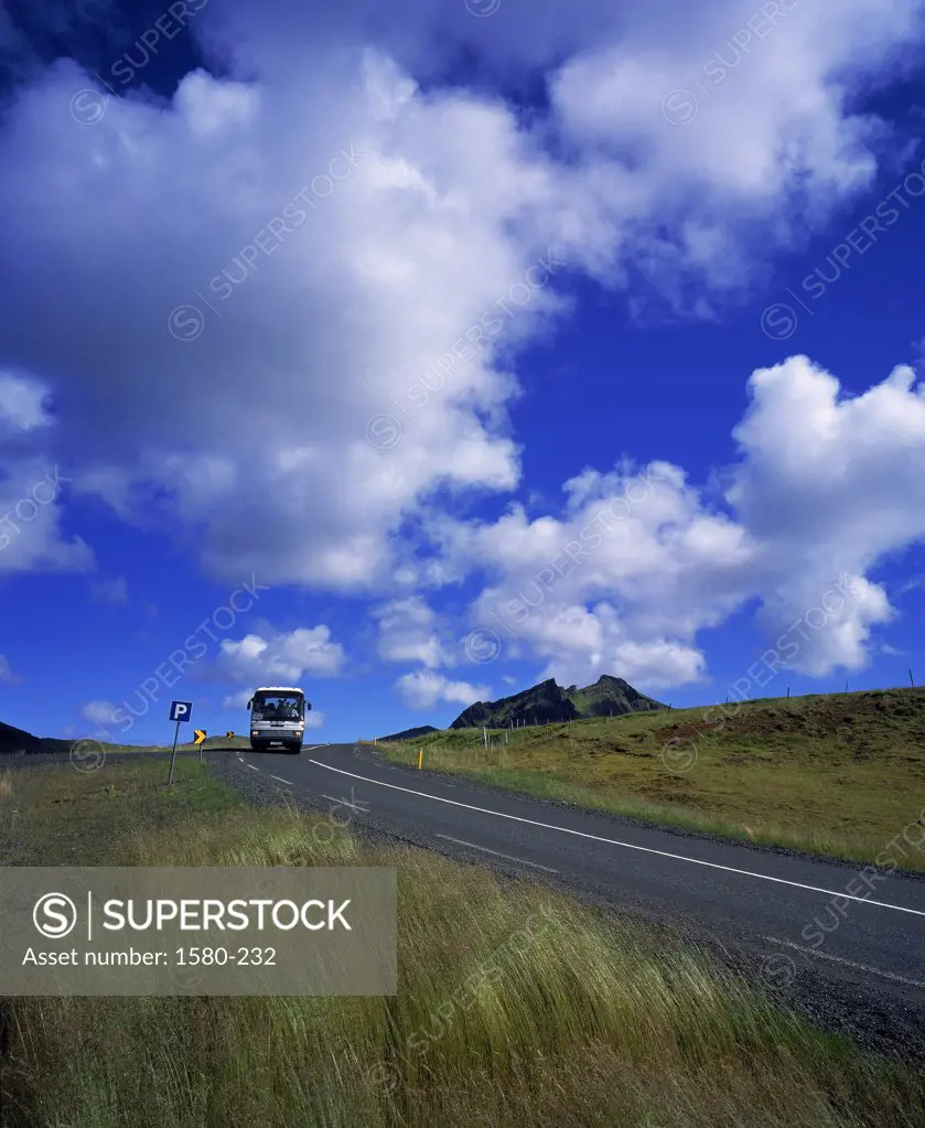 Bus on a highway, Route 1, Iceland