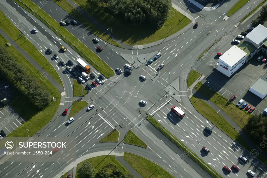 Aerial view of traffic on a road, Reykjavik, Iceland