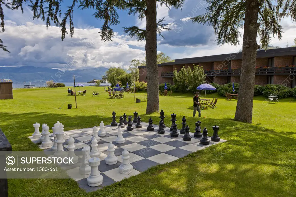 Chess board and garden at hotel, Hardanger, Norway