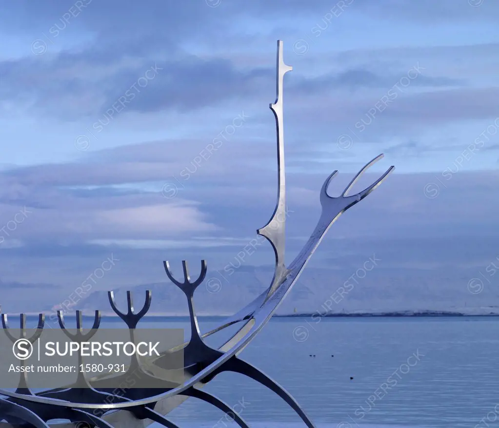 Iceland, Reykjavik, Sun Voyager made of stainless steel by artist Jon Gunnar Arnasson