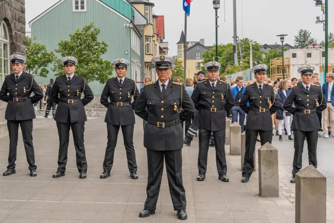 Icelandic police dressed in formal uniforms, during Iceland's Independence Day, Reykjavik, Iceland
