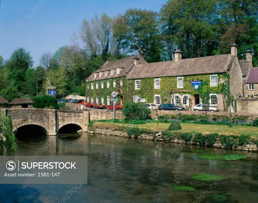Cars parked in front of a hotel, Swan Hotel, Bibury, Gloucestershire, England