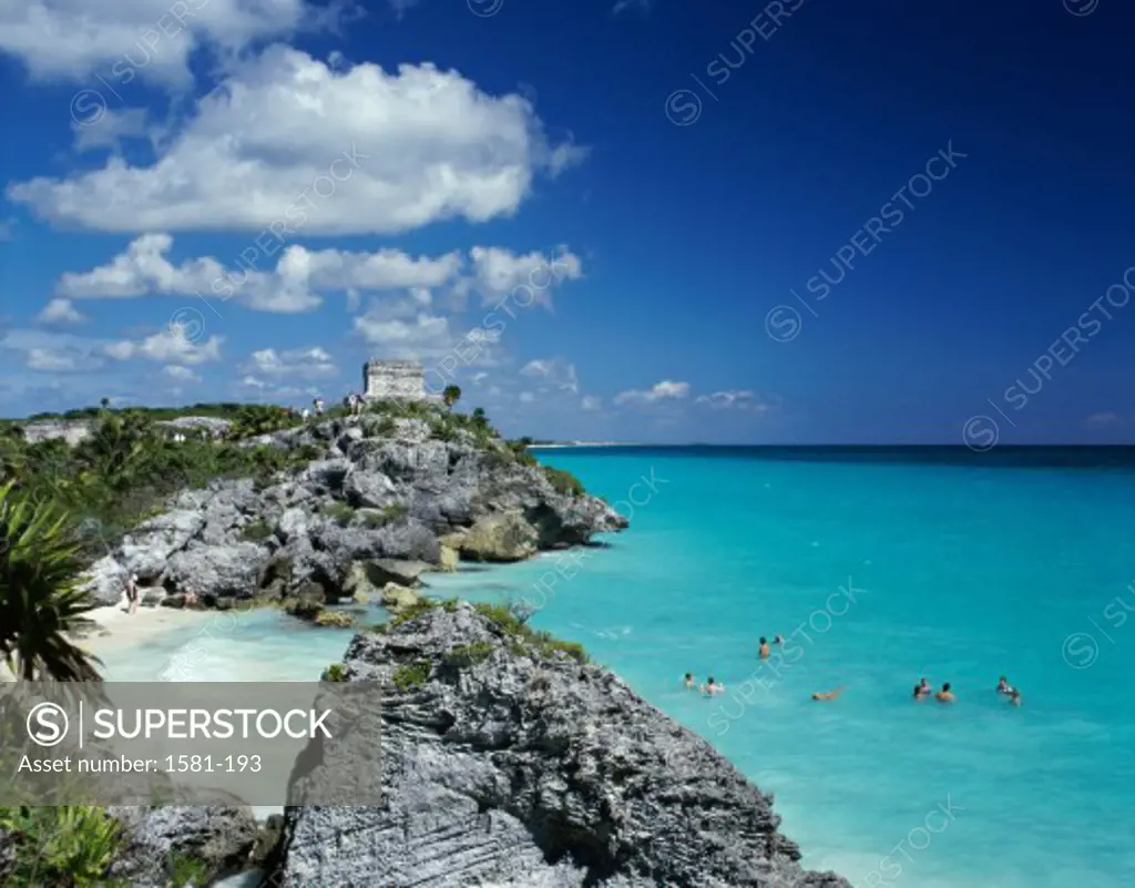 High angle view of a group of tourists in the sea, Tulum (Mayan), Quintana Roo, Mexico