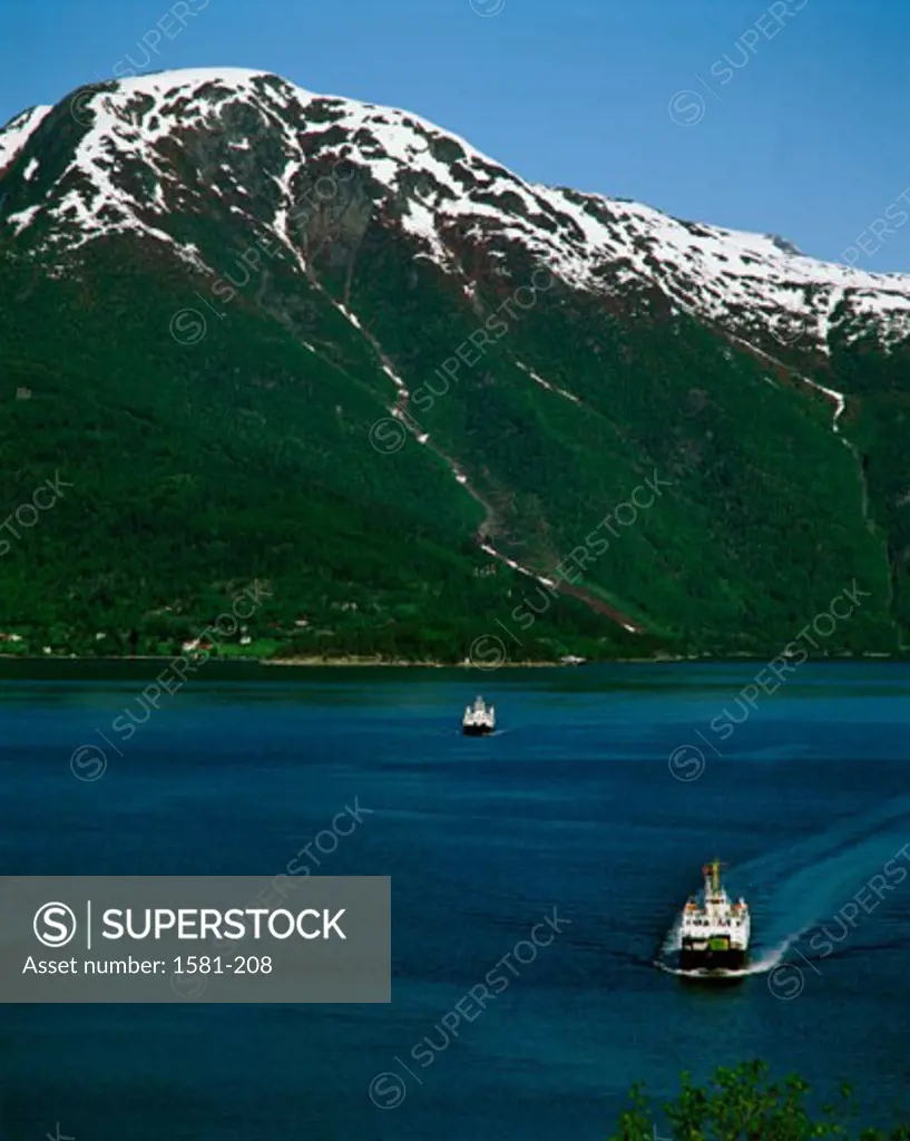High angle view of boats in a lake, Sognefjord, Balestrand, Norway