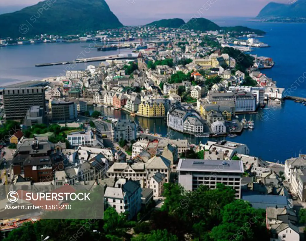 High angle view of buildings in a city, Alesund, Norway