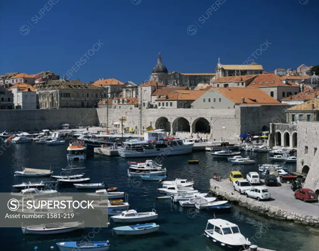 High angle view of boats moored in a harbor, Dubrovnik, Croatia