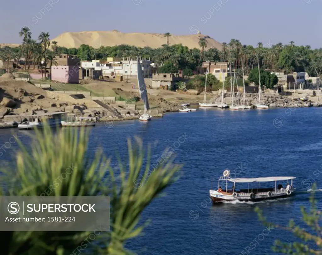 High angle view of a tourboat in a river, Nile River, Aswan, Egypt