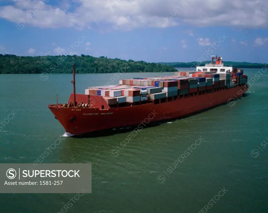 Container ship in a canal, Gatun Lake, Panama Canal, Panama