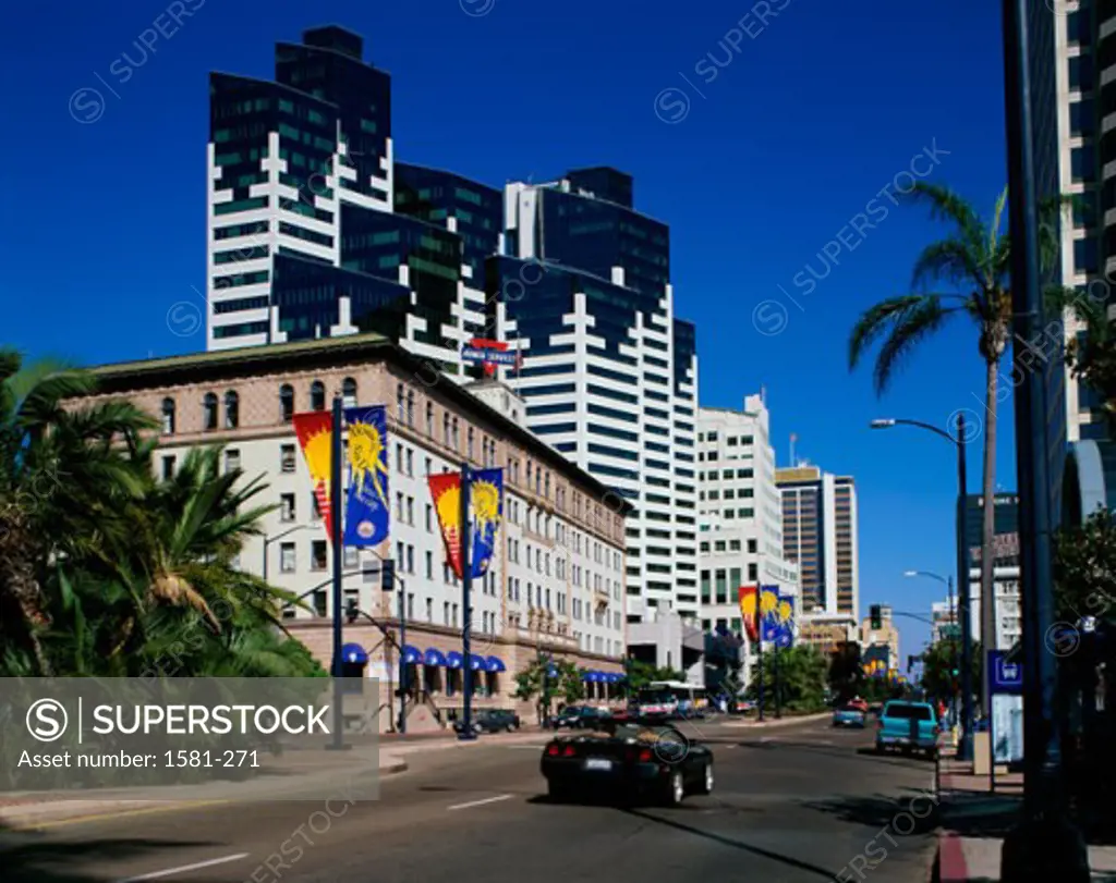 Low angle view of buildings along a road, San Diego, California, USA