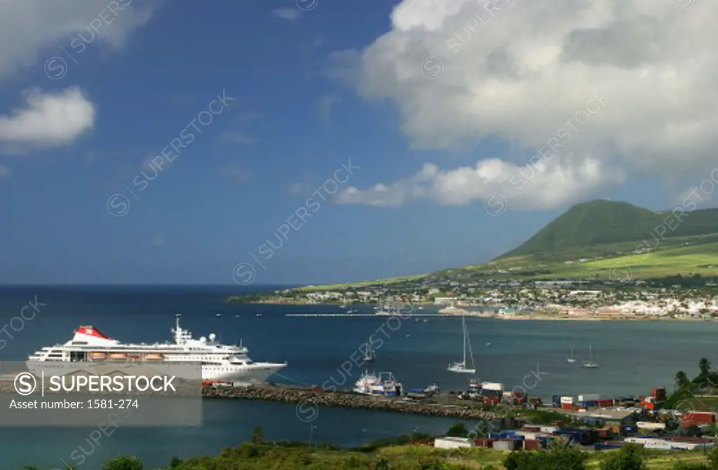 High angle view of a cruise ship docked in a harbor, Basseterre, St. Kitts and Nevis