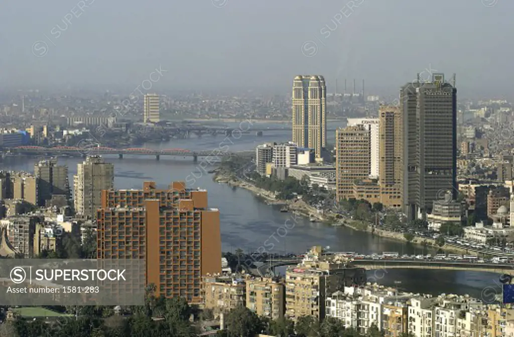 High angle view of buildings on the waterfront, Nile River, Cairo, Egypt