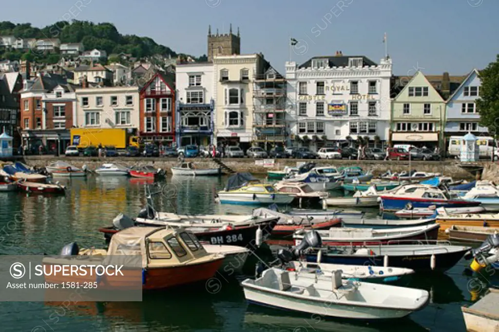 Boats docked in a harbor, Dartmouth, Devon, England