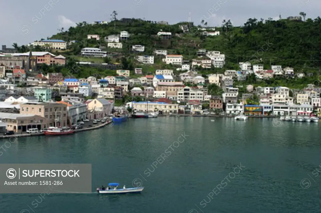 High angle view of buildings on the waterfront, St. George's, Grenada