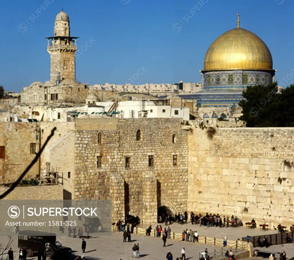 High angle view of a group of people near a wall, Wailing Wall, Dome of the Rock, Jerusalem, Israel