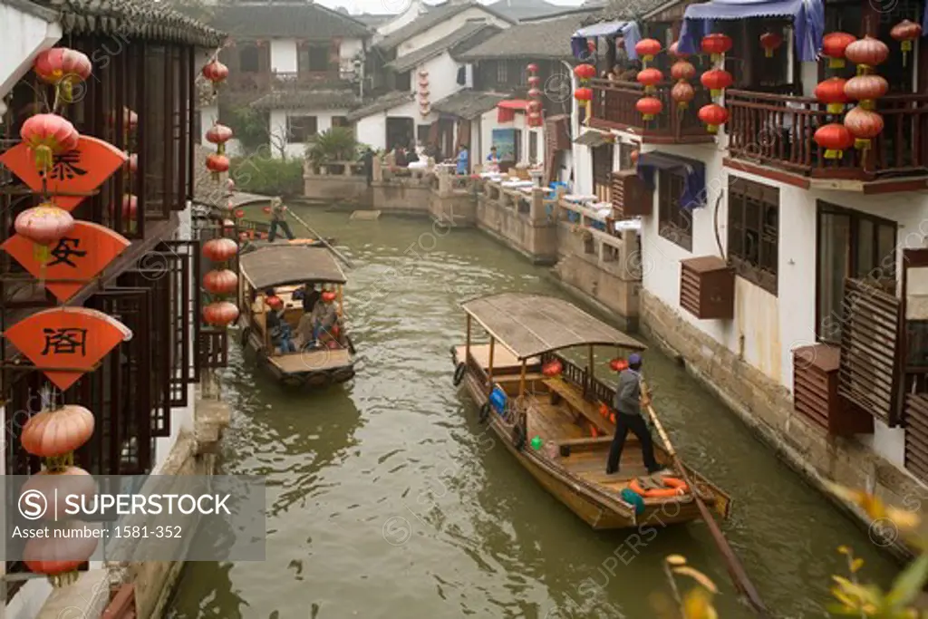 Boats moving in a canal, Zhujiajiao, Qingpu District, Shanghai, China
