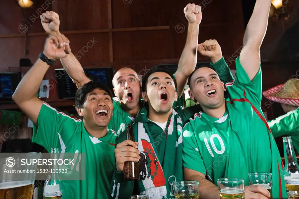 Cheering men watching television in sports bar