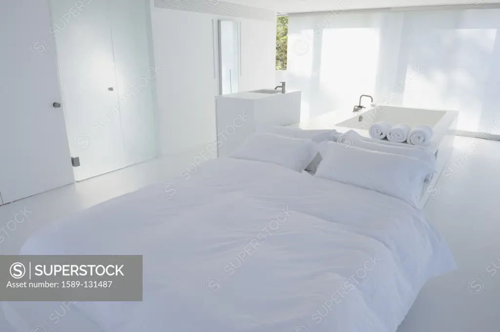 Modern, white bedroom with tub in background