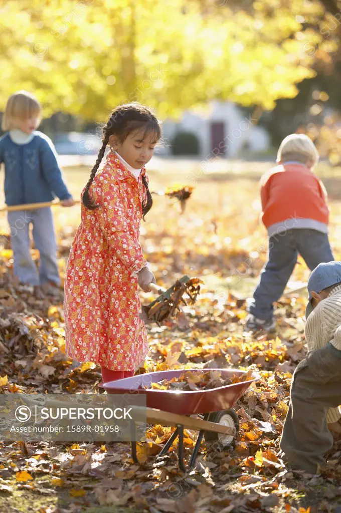 Group of children raking a yard