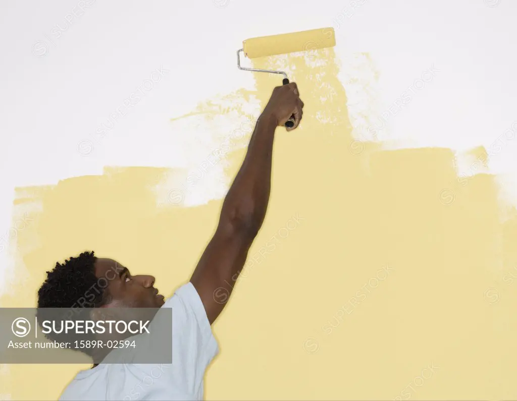 Rear view of a mid adult man painting a wall with a paint roller
