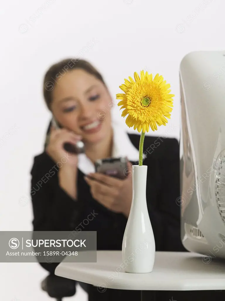 Woman talking on a mobile phone sitting in front of a computer