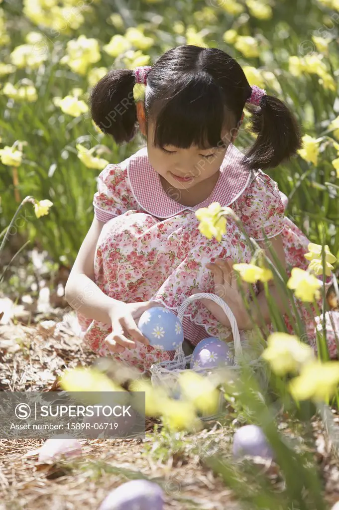 Girl collecting Easter eggs from a field