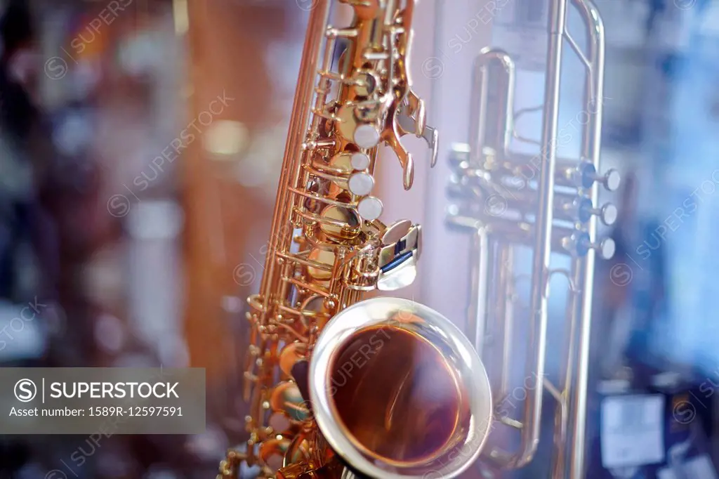Close up of saxophone and trombone
