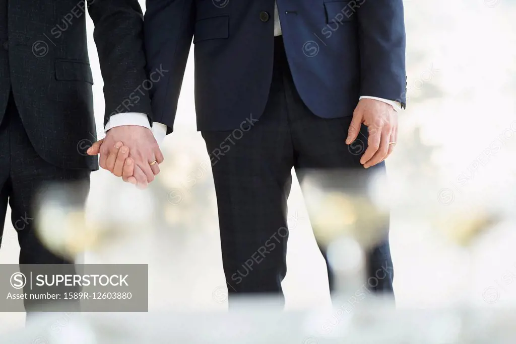 Caucasian gay grooms holding hands at wedding