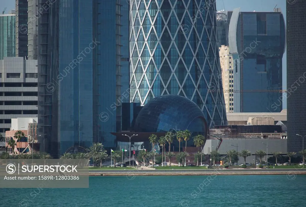 Doha highrise buildings over waterfront, Doha, Qatar