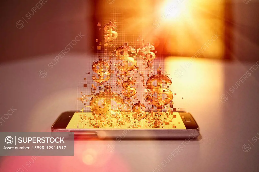 Pixelated dollar signs floating over cell phone