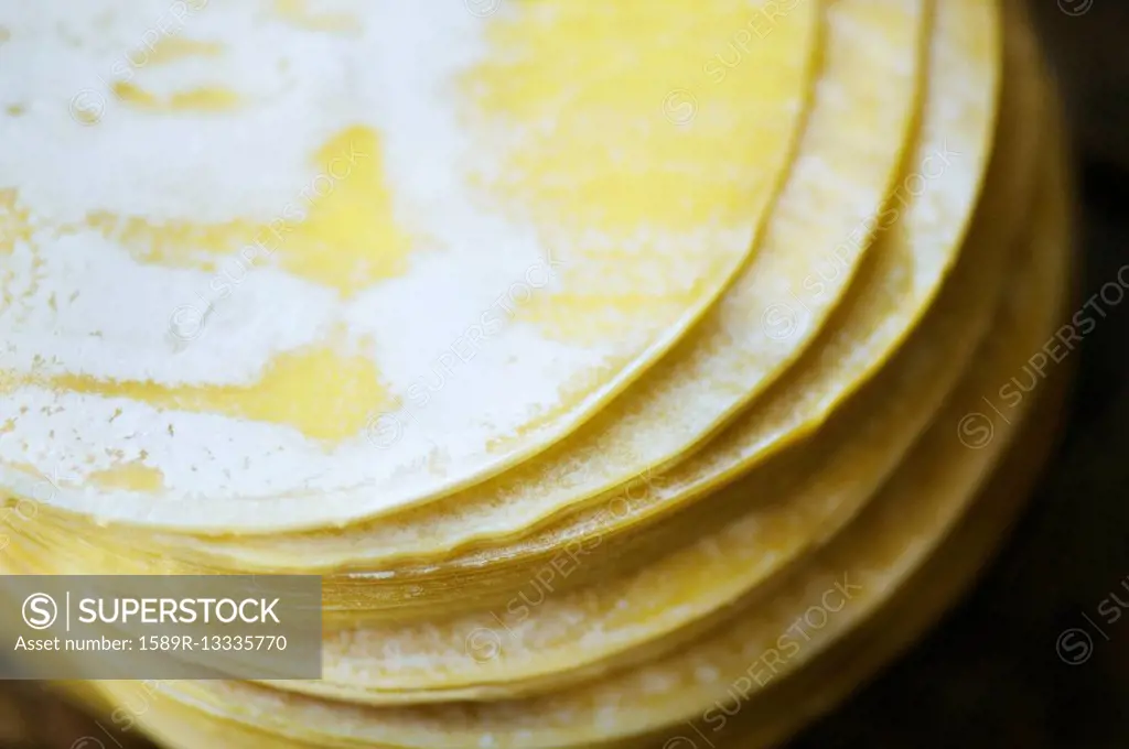 Close up of dumpling wrappers in a stack