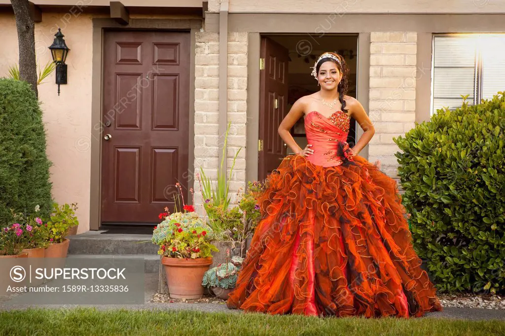 Hispanic teenager dressed for quinceanera