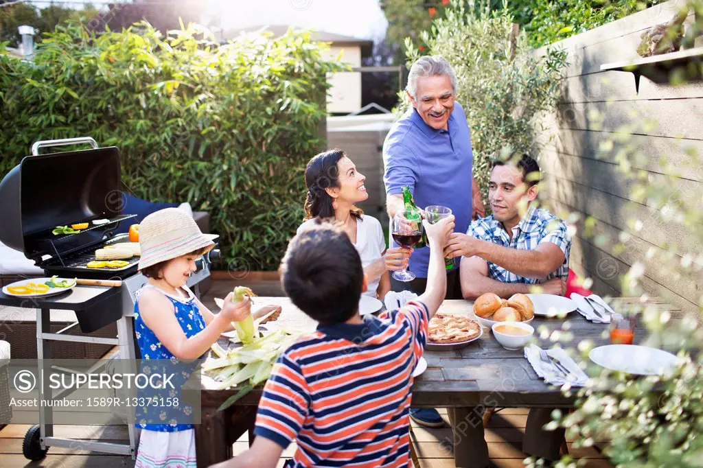 Family toasting each other at table outdoors
