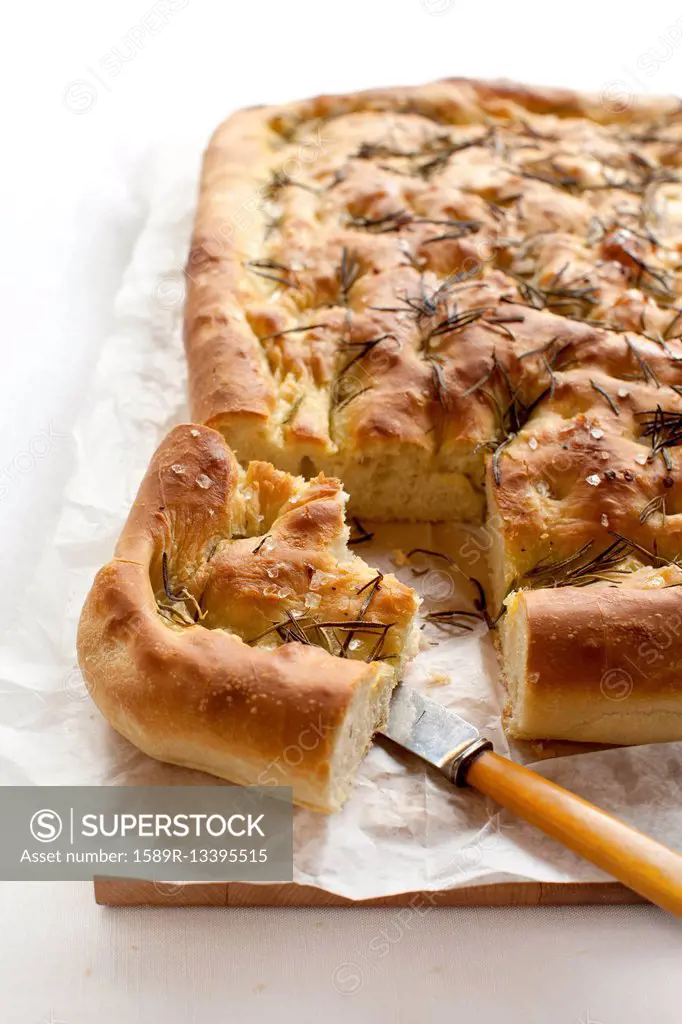 Close up of focaccia bread with herbs