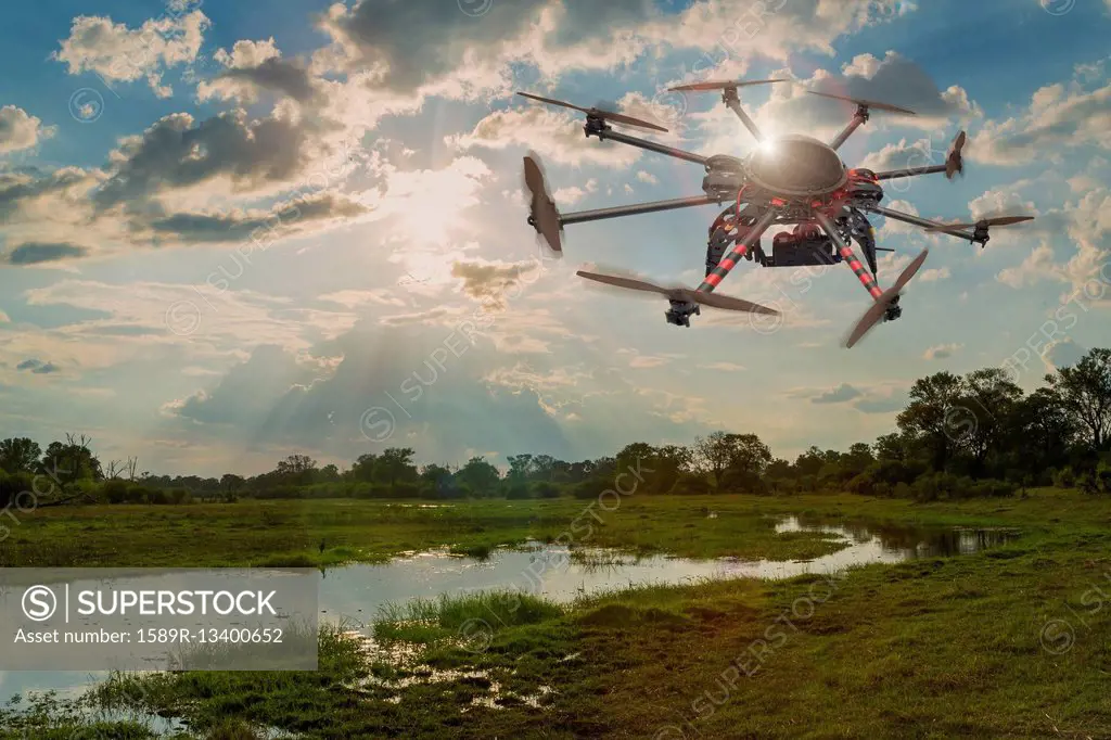 Drone hovering over swamp, Okavango delta, Botswana, Botswana,