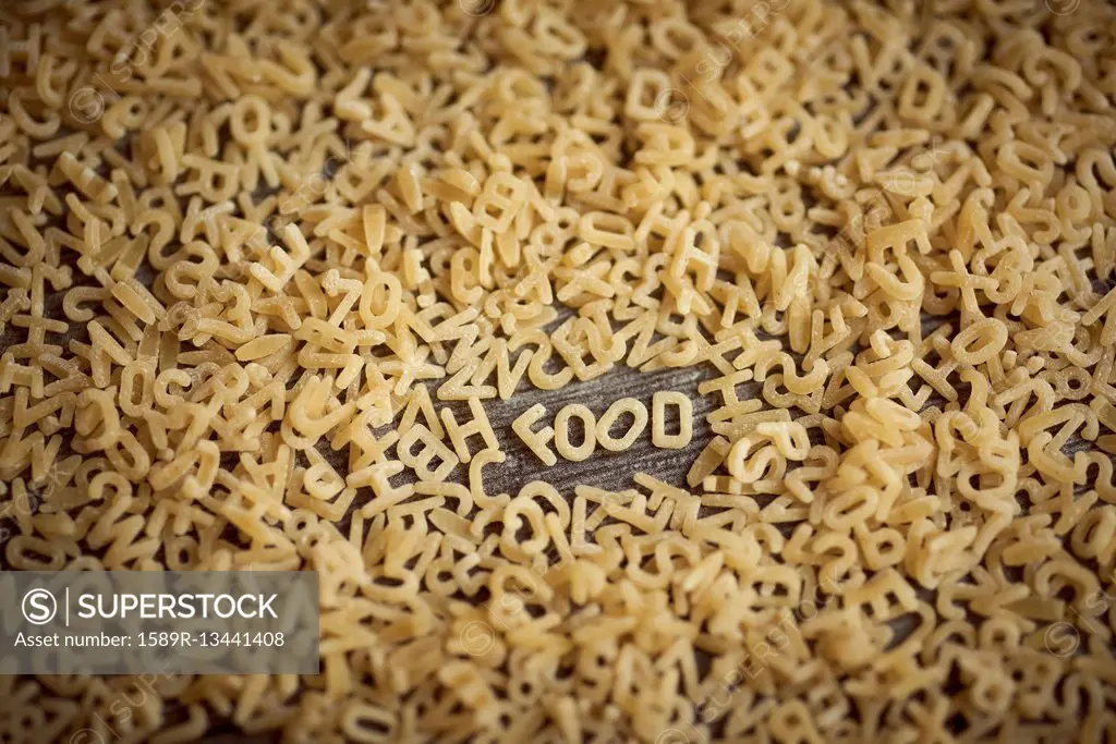 Alphabet noodles spelling food