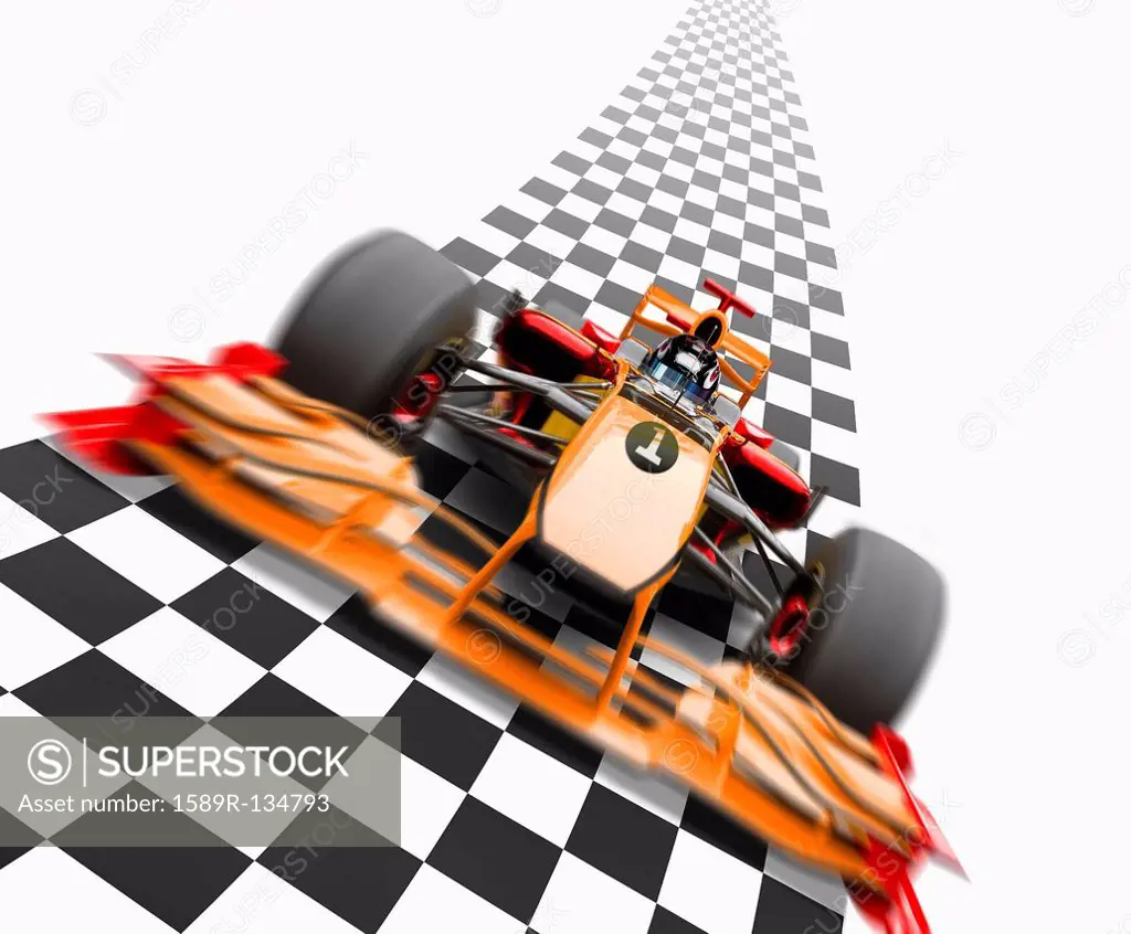 Orange race car driving on checkerboard road